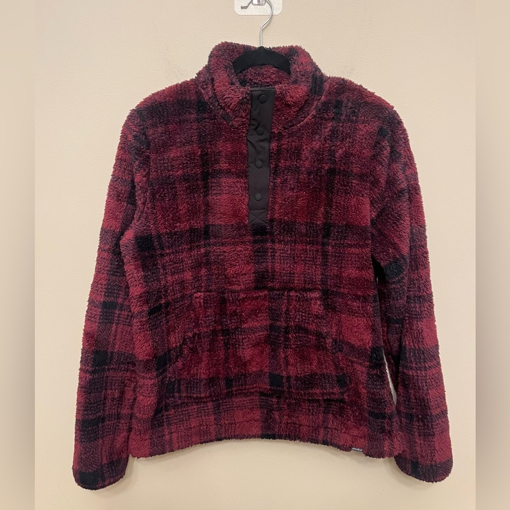 Eddie Bauer Plaid Fuzzy Pullover 1/4 Snap Maroon Black Women's Size Medium